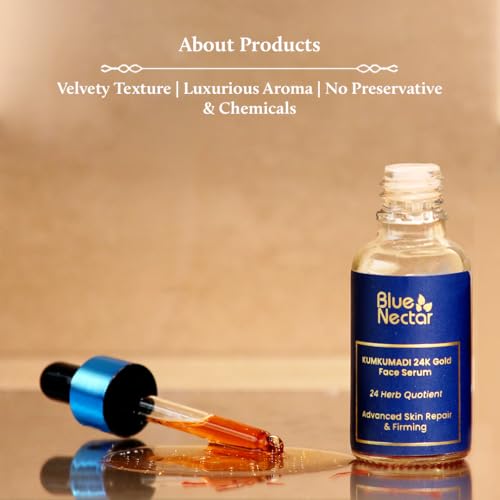 Blue Nectar 24K Gold Serum with Pure Kumkumadi Oil for Face | Ayurvedic Collagen Face Serum for Skin Tightening & Natural Radiance (24 Herbs, 1Fl Oz)