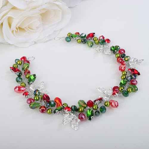 Teyglen Bride Crystal Wedding Hair Vine Bridal Red Green Rhinestone Pearl Headband with Butterfly Christmas Headband Rhinestone Headpiece Xmas Party Hair Accessories for Women Girls