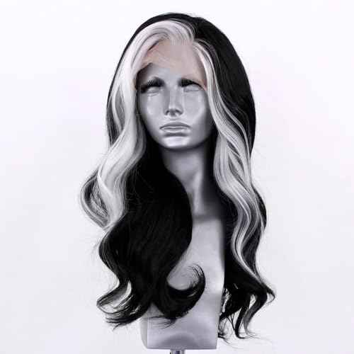 RONGDUOYI RDY Black Mix White Highlight Wig for Women Pure Black with a White Front Streak Lace Front Wigs 26inches Long Body Wave Synthetic Wig with Natural Hairline