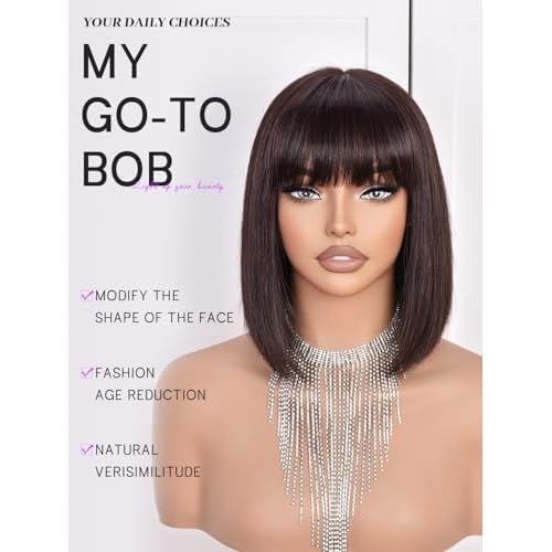 Bob Wigs Human Hair 210% Density bob Wig with Bangs Dark Brown 100% Human Hair Wigs for Black Women Pre-Bleached Glueless Straight Bob Wigs(10Inch£¬Dark Brown wig)