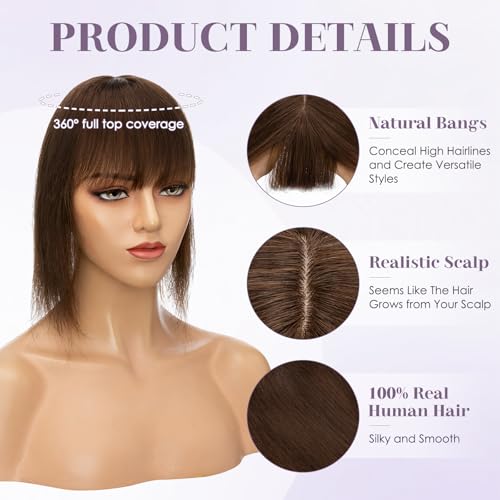 Hair Toppers for Women Real Human Hair 12 Inch Long Straight Toppers for Women with Thinning 7 * 13CM Silk Base Clip in Hairpieces with Bangs (Medium Brown)