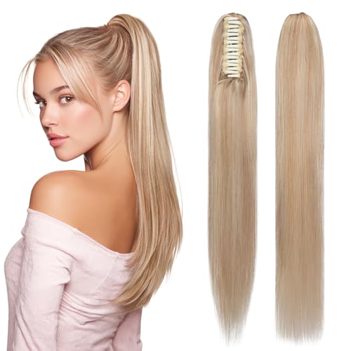 Human Hair Claw Clip Ponytail Extension 100% Real Human Hair Clip-In Extensions for Women Long Straight Pony Tails 14 Inches 105g #18P613 Light Blonde mixed Bleach Blonde