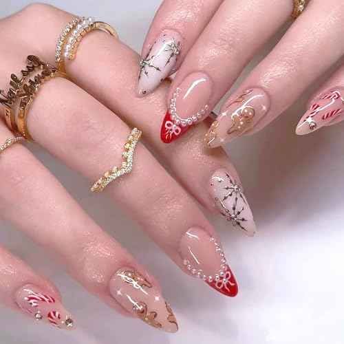 24Pcs Christmas Almond Press on Nails Medium Fake Nails with Gingerbread Doll Snowflake Cane Pearl Design Bow French Tip False Nails Xmas Almond Nails Press ons Artificial Glue on Nail for Women