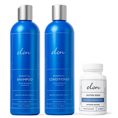 Elon Complete Kit for Thinning Hair ? Elon Essential Shampoo and Conditioner Set + Matrix 5000 Hair Growth Supplement ? NO Sulfates, Parabens or Phthalates