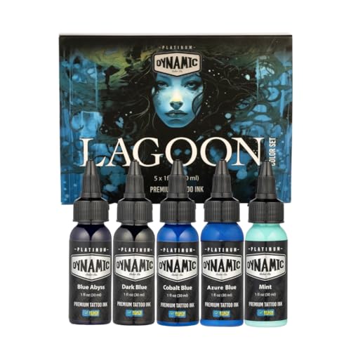 Dynamic Color Co- Tattoo Ink Set: Lagoon - Dive into Brilliance with 5 Vibrant Blue Shades (1 oz Each) from The Platinum Collection. Reach Compliant, Crafted in Spain. Since 1990