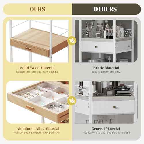 Makeup Organizer Cart with Wooden Drawer, 2-in-1 Floor Skincare Organizers with Jewelry Storage, 16.5'' L x 11.8'' W x 34.2'' H Large Make Up Organizers Vanity Organizer for Skin Care Hair Tool