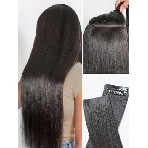 LUVME Invisible Clip in Hair Extensions, Yaki Straight Real Human Hair Remy Hair Clip ins for Women, Natural Human Hair, 14 inch 110g 6Pcs, Natural Black