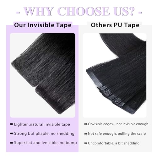 Invisible Tape In Hair Extensions Human Hair Natural Black 14 inch 20pcs 50g/Pack Seamless Invisible Straight Tape ins Human Hair Extensions for Black Women