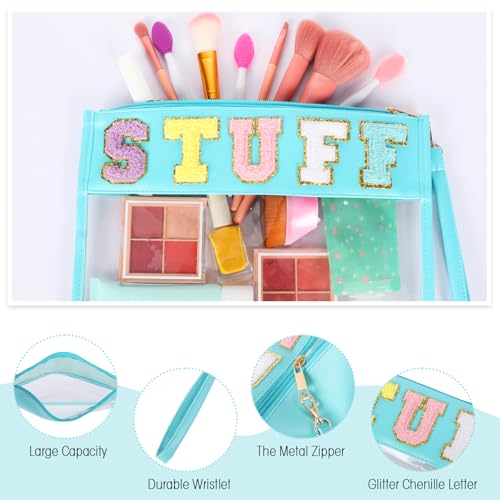 Nuanchu 9 Pcs Clear Chenille Letter Bag Stuff Pouch PVC Waterproof Preppy Cosmetic Makeup Bag Snack Travel Beach Pouch with Wrist let for Teen Women Gifts Operation Christmas Gifts Items