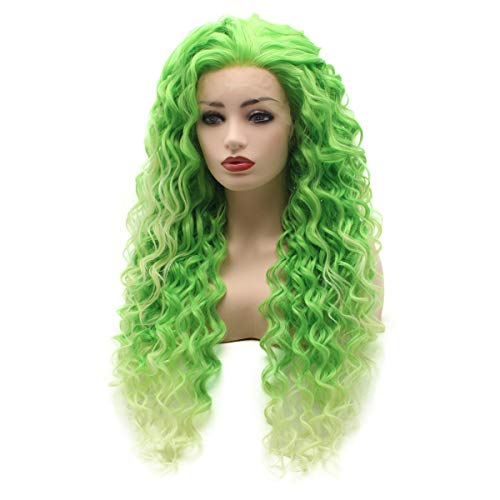 Hair Curly Long 26inch Two Tone Green Ombre Heavy Density Realistic Synthetic Lace Front Wigs