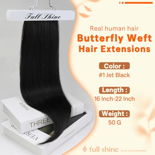 Full Shine Butterfly Weft Hair Extensions Remy Human Hair 22 Inch Genius Weft Extensions Real Hair Color Jet Black Invisible Pu Hole Weft Extensions Micro Ring Hair 50 Grams