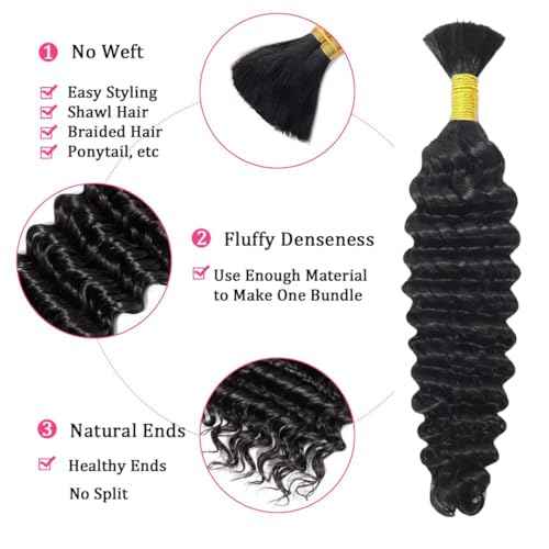 Human Hair Braiding Hair 50g 26 Inch Deep Wave Bulk Human Hair for Braiding No Weft Bundle 100% Brazilian Virgin Curly Human Hair Extensions for Boho Braids Wet and Wavy Human Braiding Hair