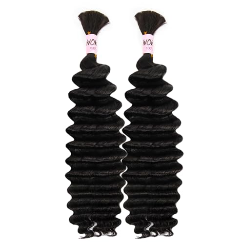 WOWANGEL Human Braiding Hair For Boho Braids 100g,100% Unprocessed Brazilian Virgin Hair, 12A Deep Wave Knotless Bohemian Bundles, Curly Hair Extensions,2 Bundles,Natural Black(1B),24 Inch