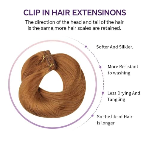 Remy Hair Extensions clip ins Hair Etensions for Women #30 Light Brown Double Weft Natural Hair Extensions Straight 8Pcs Soft and Thick 18inch 90g