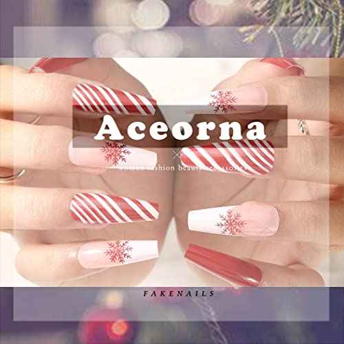Red Long Press on Nails Glossy Xmas Fake Nails Black Coffin Snowflake Stripe Full Cover Acrylic Nail Christmas False Nails for Women and Girls 24PCS (Type A)