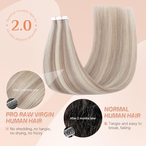 Benehair Tape in Human Hair Extensions, 18 inch Straight Invisible Tape Extensions Remy Blonde Hair Extensions 10pcs 20g Ash Brown Mix Bleach Blonde 18p613