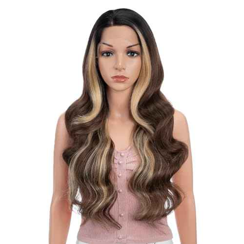 Joedir 26" Big Curly Wavy Supreme Free Parting HD Lace Frontal Wigs With Baby Hair High Temperature Synthetic Wigs For Women(Ombre Brown Highlights Color)