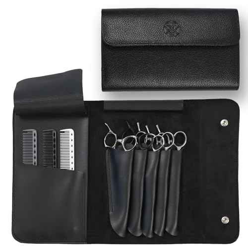 Tokko Katana Professional Shear Case ? Black Textured Leatherette 5-Slot Holder for Hair Cutting Shears, Scissors & Combs ? Snap Closure, Portable & Protective Folding Pouch for Stylists & Barbers