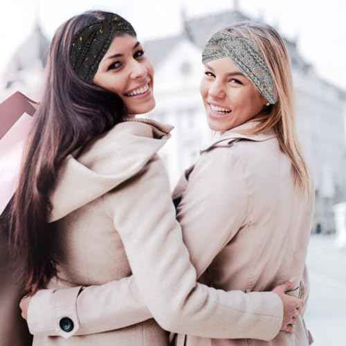 CAVETEE Headbands, 2 Pieces Winter Hairbands for Women - Soft Wool Ear Muffs for Winter, Crochet Ear Protector Bandana Lined with Plush Fleece, Elastic for Women Girls