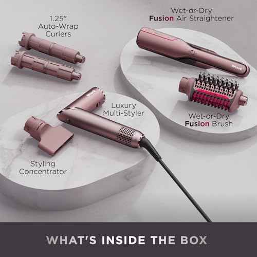Shark FlexFusion Hair Straightener & Powerful Hair Dryer with Fusion Hair Brush, Ceramic Air Styler with Auto-Wrap Curlers & Concentrator, Ceramic Plates, Cosmic Blush HD641S