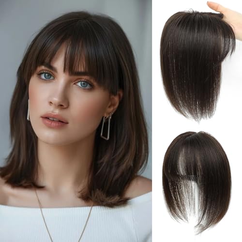 Hair Toppers for Women Real Human Hair with Bangs 10 Inch Upgrade Swiss Lace Base Toppers Hairpieces with Thinning for Daily Wear (Dark Brown