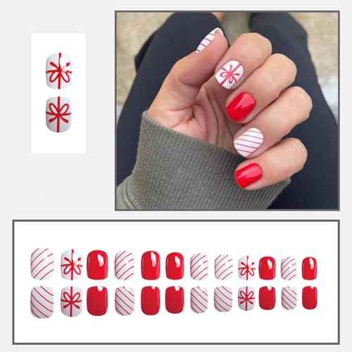 24 Pcs Christmas Press On Nails Short Square - ZIFANHU Cute Red Fake Nails Press Ons Nail Art Tips Full Cover Acrylic Glossy False Nails with Red Line Gift Box Design Glue on Nails for Women Girls