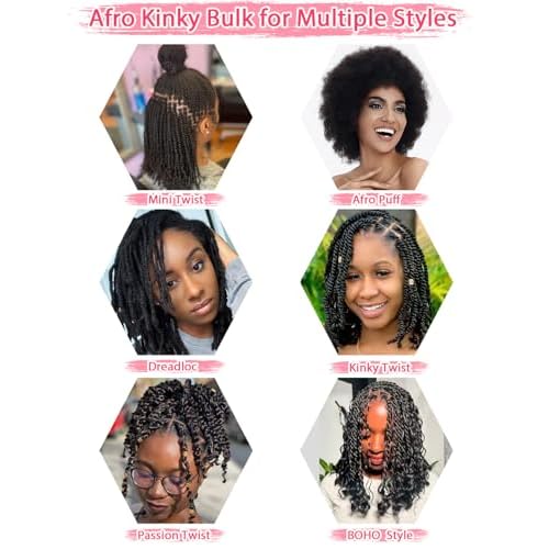 REBECCA FASHION Afro Kinky Bulk Human Hair 50g/Pack Braiding Hair for Dreadlock Extensions, Loc Repair, Afro Kinky Curly Human Hair Bulk for Twist 20 Inch Natural Black Color