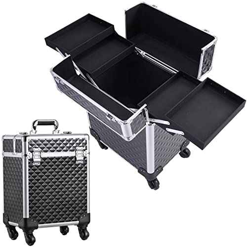 Rolling Makeup Train Case Large Cosmetic Trolley Organized Aluminum Barber Case for Hairstylist Makeup Nail Tech Salon with Keys Swivel Wheels Traveling Cart Trunk - Black
