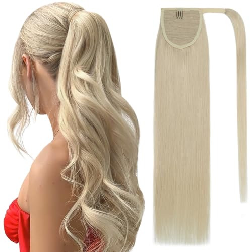 Ponytail Extensions Human Hair Long Straight Ponytail Hair Extensions with Magic Paste Wrap Around Clip in Ponytail Extensions Real Human Hair,16inch #60 Platinum Blonde,80g