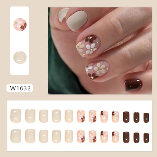 Press on Nails Short Square Fake Nails with Flower Designs Simple Glue on Nails Full Cover False Nails Press ons Acrylic Glossy Stick on Nails for Women Girls 24 Pcs