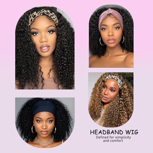 Headband Wig Human Hair Kinky Curly Headband Wigs for Black Women 20 Inch Human Hair Headband Wig Curly Human Hair Wig Half Wigs 150% Density Natural Black Color