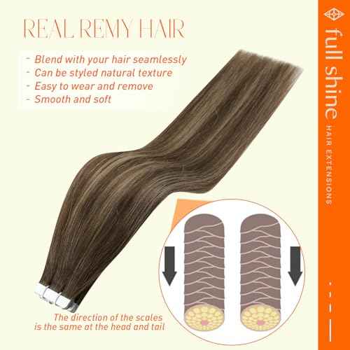 Full Shine Invisible Tape in Hair Extensions Human Hair 18 Inch Tape ins Brown Extensions Color 4/24/4 Balayage Hair Extensions Real Human Hair Seamless Tape ins Human Hair Extension 50Gram 20Pcs
