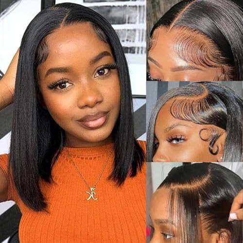Glueless Bob Wig Human Hair 13x4 HD Transparent Lace Front Wigs Short Bob Wig Glueless Wigs Human Hair Pre Plucked Bleached Knots Straight Lace Front Wigs For Black Women£¨16 Inch£©
