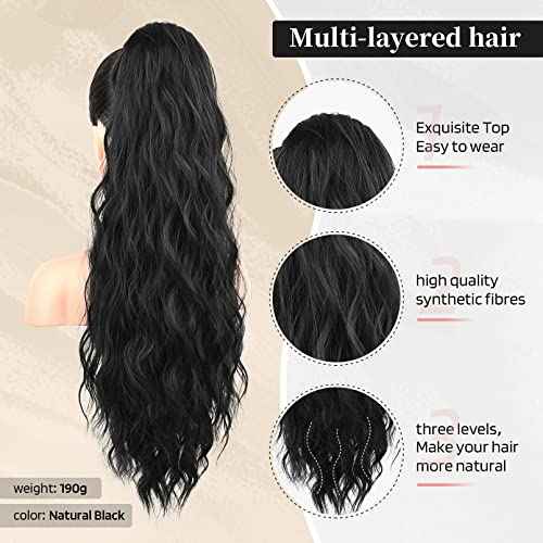 Flufymooz Ponytail Extension, 26 Inch Drawstring Ponytail Hair Extensions for Women£¬ Long Curly Wavy Pony Tail Natural Wavy Synthetic Hairpiece for Women Daily Use party ((26 Inch Natural Black)