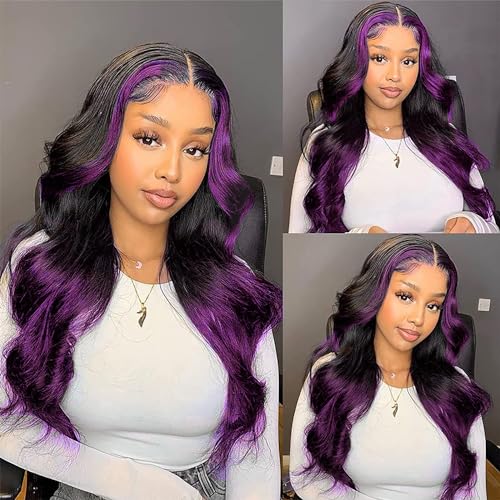 Skunk Stripe Wigs Human Hair Lace Front Purple Highlights Wig 13x4 HD Lace Front Wigs Dark Burgundy Highlight Body Wave Lace front Wig 150% Density Pre Plucked with Baby Hair 18 Inch