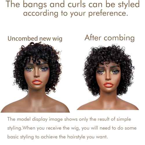 HairyFairy short curly wigs, 100% human hair wigs for black women, human hair wig with bangs glueless, machine made, no lace, light and comfortable (natural black, 12 inches)