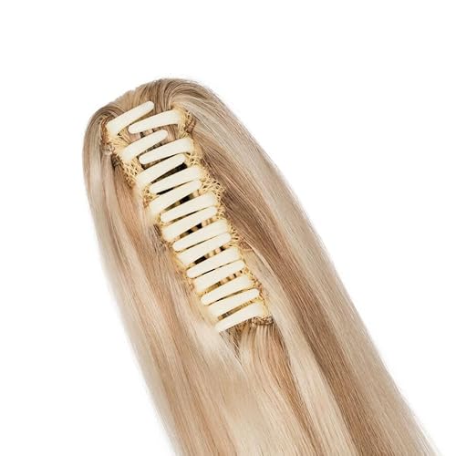 TESS Human Hair Claw Clip Ponytail Extension Real Remy Hair long ponytail extension for Women Straight, 16 Inch, Flax Yellow Mixed Light Gold