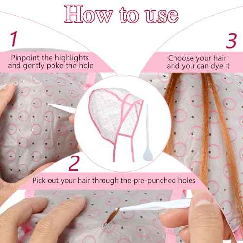 Bewudy 12 Pcs 4 Sets of Highlighting Caps with Hooks, Hair Coloring Frosting Dye Kit for Salon Hairdressing (Pink)