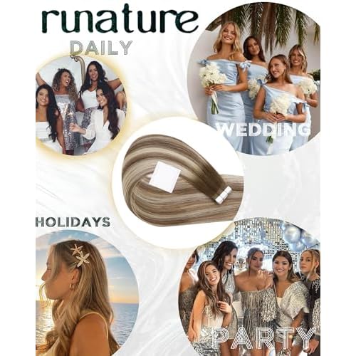 RUNATURE Tape in Hair Extensions Balayage, Human Hair Tape in Extensions for Long Hair, 20 Inch 50g 20pcs Brown to Blonde Tape Ins Human Hair Extensions, Straight Soft Texture, Easy to Apply