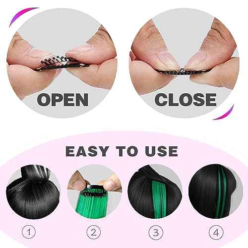 12 PCS Green Hair Extensions Clip in, Curly Wavy Colored Extension for Kids Girls - Party Highlights Synthetic Hairpiece 17 inch