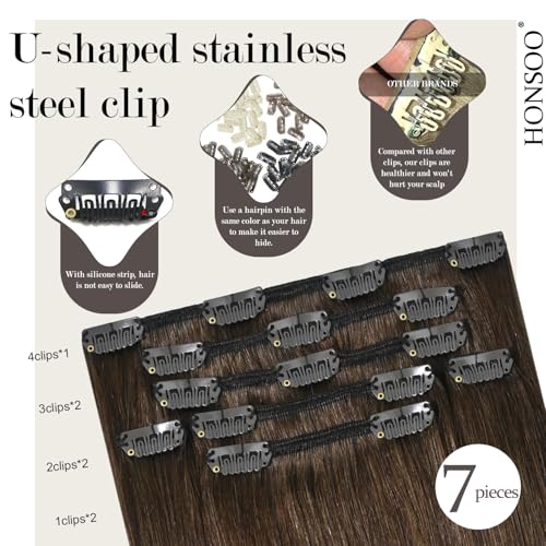 Honsoo Brown Hair Extensions Clip In Human Hair Extensions Natural Soft Hair Medium Brown 100g 20in 7pcs Can Be Styled Long Straight Hair