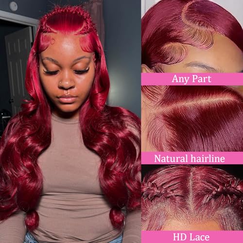 99j Burgundy Lace Front Wigs Human Hair 13x4 HD Transparent Body Wave Lace Front Wigs Human Hair Pre Plucked 180% Density Glueless Red Human Wigs for Women (24 Inch)