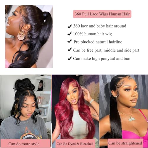 Body Wave 360 Lace Front Wigs Human Hair Pre Plucked Lace Frontal Wigs with Baby Hair for Black Women Natural Black (360 Lace Wigs, 22 Inch)