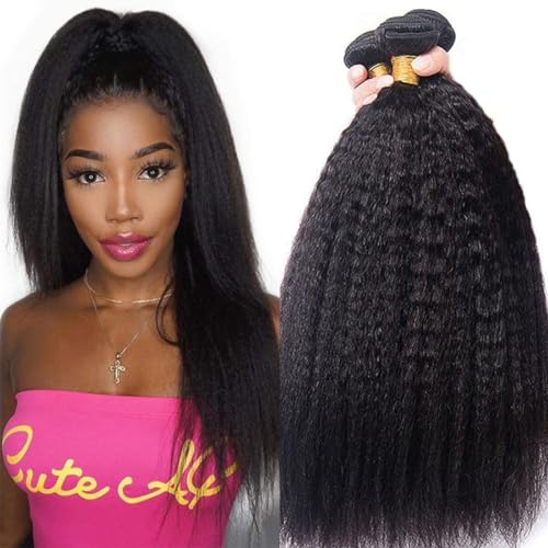 Hair Bundles 12A Yaki Kinky Straight Human Hair 3 Bundles 100% Unprocessed Mongolian Virgin Human Hair Kinky Straight Bundles Yaki Hair Natural Color (16 18 20)