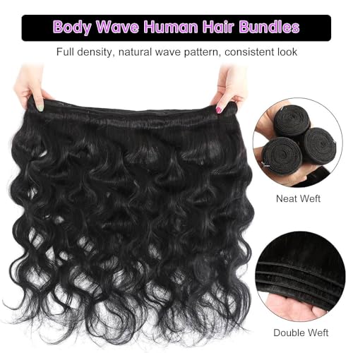 12A Human Hair Bundles Body Wave Bundles Human Hair 100% Unprocessed Brazilian Virgin Hair 3 Bundles Human Hair for Women 16 18 20 Inch Natural Black