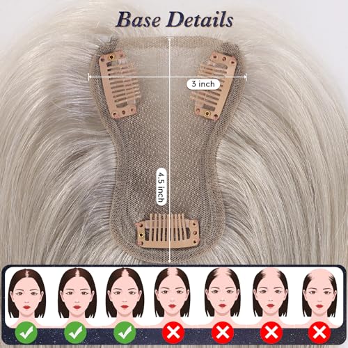 starluck Real Human Hair Toppers for Women 10 Inch Human Hair Topper no Bangs, 3 * 4.5 inches Swiss Base Suitable for ThinningHair Cover Grey Roots(Mixed Silver Grey)