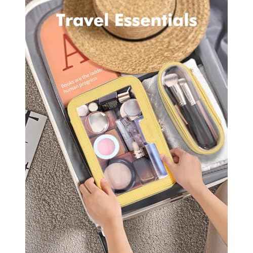Travel Clear Makeup Bag with Makeup Brush Bag, Leather Makeup Case Toiletry Bag, Portable Cosmetic Bag Case, Transparent Waterproof Cosmetic Organizer Storage Bag for Women, Yellow
