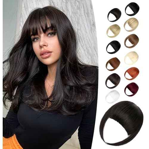 Clip in Bangs,Natural Fake Bangs Hair Clip,Dark Brown French Bangs Fringe with Temples Hairpieces for Women Clip on Bangs Hair Extenisons Curved Bangs for Daily Wear