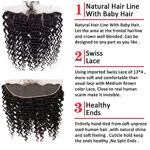 12A Grade Deep Wave Lace Frontal 13x4 Ear to Ear Lace Frontal 20 Inch 100% Unprocessed Brazilian Virgin Human Hair Swiss Lace Frontal Closure 200% Density Pre Plucked With Baby Hair Natural Color