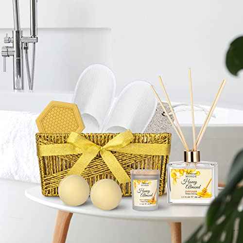 Bath & Body Gift Set, Luxury Home Spa Bath Gift Basket, Honey Almond Scented Bath Set, Pamper Gifts for Women & Teens, 15 Pcs Relaxing Home Spa Kit with Bubble Bath, Bath Salts, Body Lotion